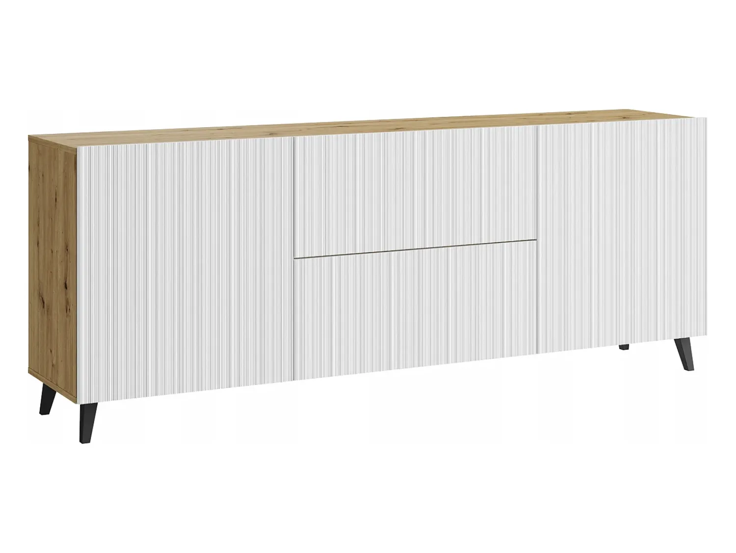 Móvel De Tv| Lowboard moderno 180 cm carvalho artisan com frentes brancas caneladas, 2 gavetas e 2 armários laterais Natural escuro