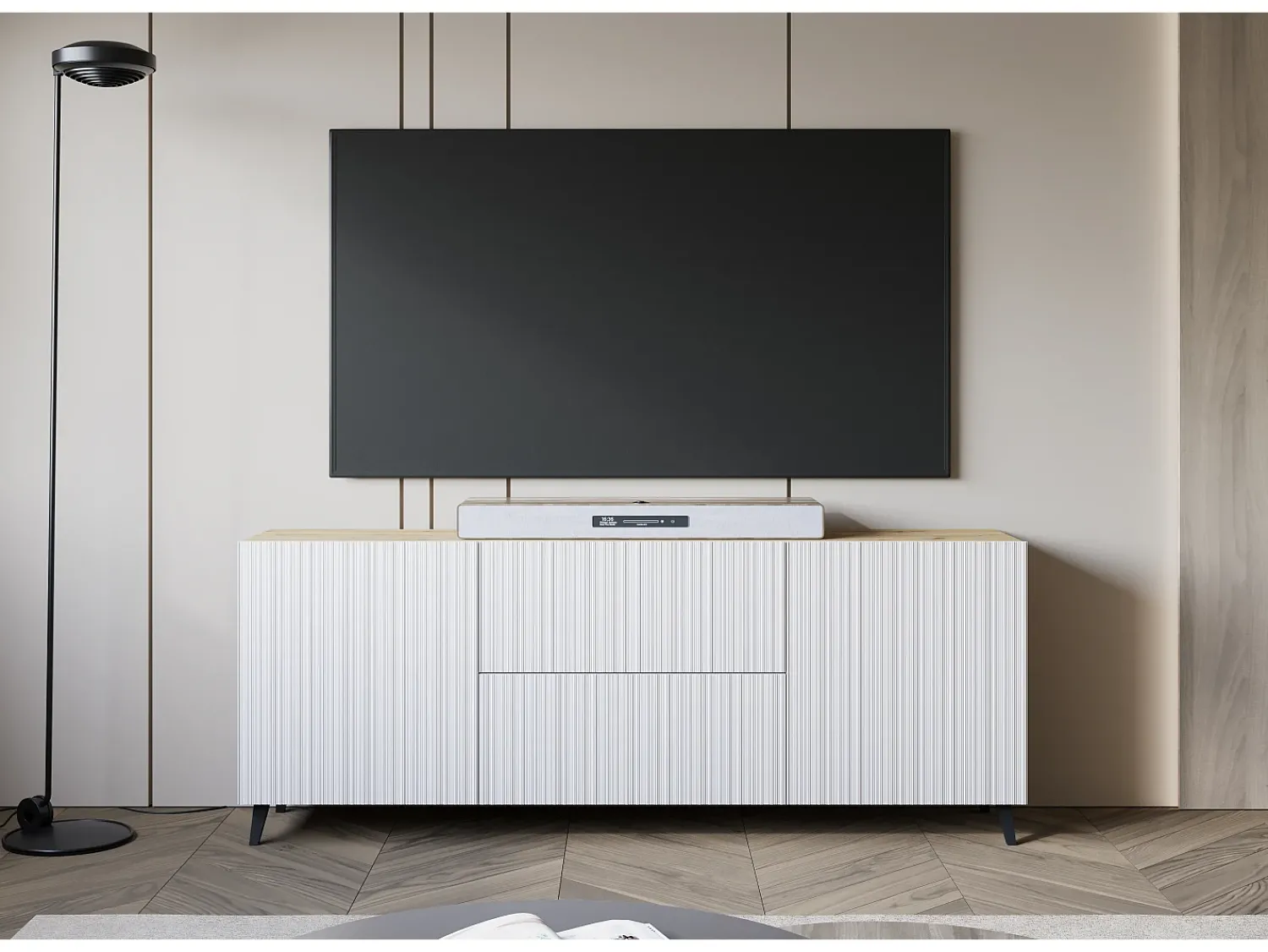 Móvel De Tv| Lowboard moderno 180 cm carvalho artisan com frentes brancas caneladas, 2 gavetas e 2 armários laterais Natural escuro