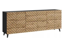 Móvel De Tv| Lowboard moderno 180 cm grafite / carvalho Wotan, com pés, frentes em espinha de peixe preta, 2 gavetas e 2 armários laterais Preto