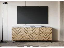 Móvel De Tv| Lowboard moderno 180 cm grafite / carvalho Wotan, com pés, frentes em espinha de peixe preta, 2 gavetas e 2 armários laterais Preto