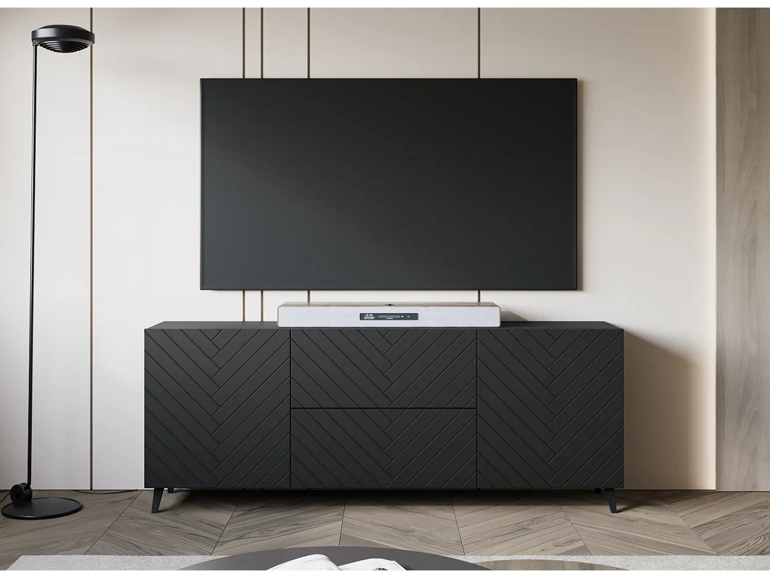 Móvel De Tv* Lowboard moderno 180 cm grafite , móvel de TV em padrão espinha de peixe com 2 gavetas e 2 armários laterais Preto