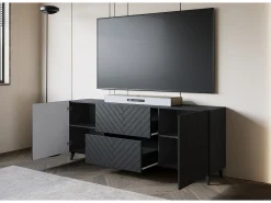 Móvel De Tv* Lowboard moderno 180 cm grafite , móvel de TV em padrão espinha de peixe com 2 gavetas e 2 armários laterais Preto