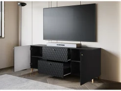 Móvel De Tv* Lowboard moderno 180 cm com frentes em losangos, puxadores dourados e pés dourados Preto