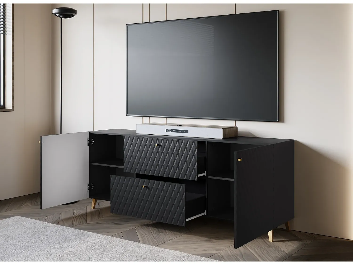Móvel De Tv* Lowboard moderno 180 cm com frentes em losangos, puxadores dourados e pés dourados Preto