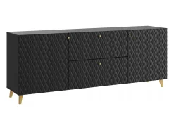 Móvel De Tv* Lowboard moderno 180 cm com frentes em losangos, puxadores dourados e pés dourados Preto