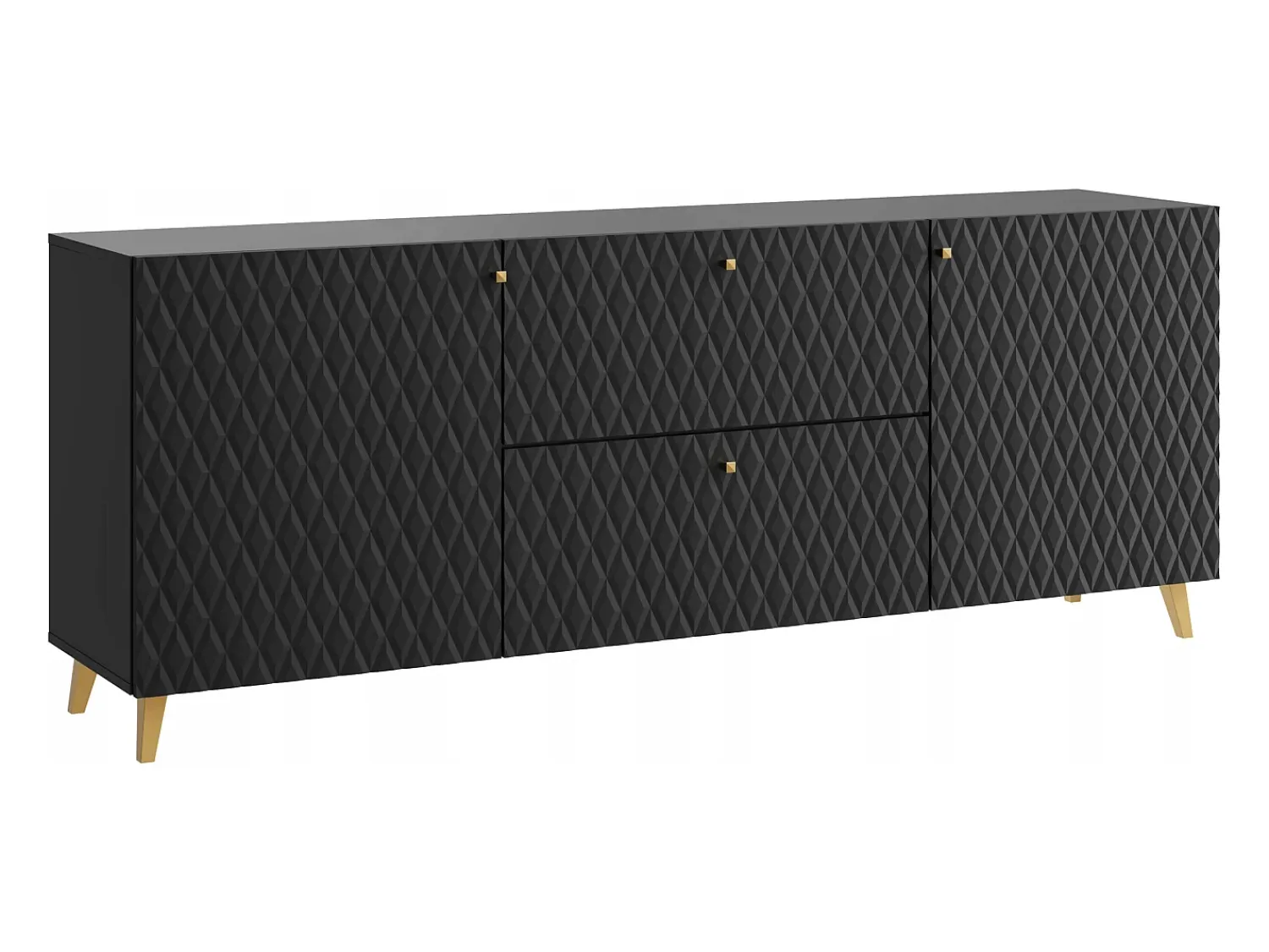 Móvel De Tv* Lowboard moderno 180 cm com frentes em losangos, puxadores dourados e pés dourados Preto
