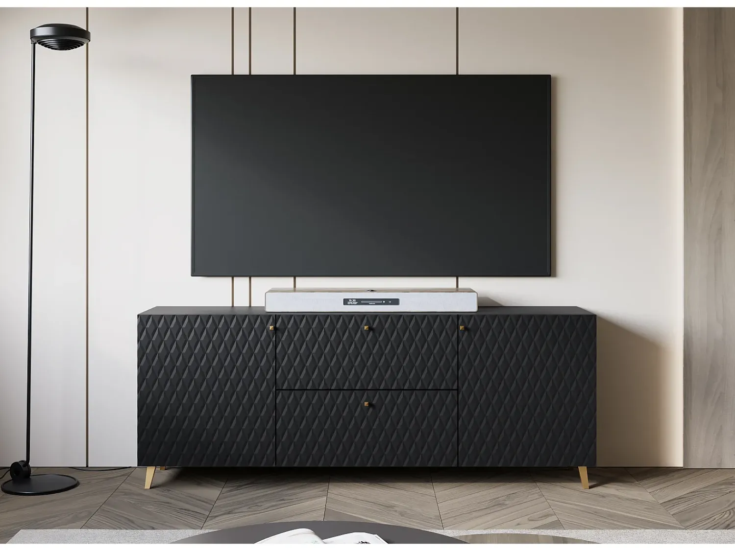 Móvel De Tv* Lowboard moderno 180 cm com frentes em losangos, puxadores dourados e pés dourados Preto