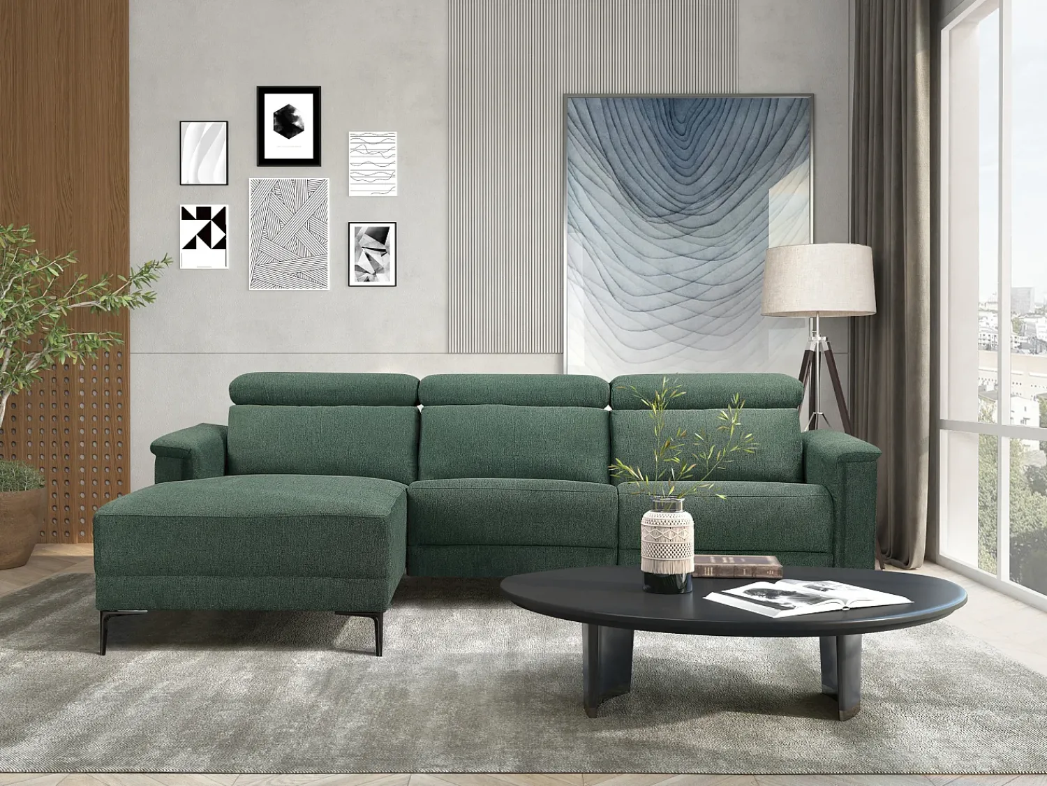Sofá*Loft24 Lund 3S 1 cadeira reclinável L Electric Cognac Verde