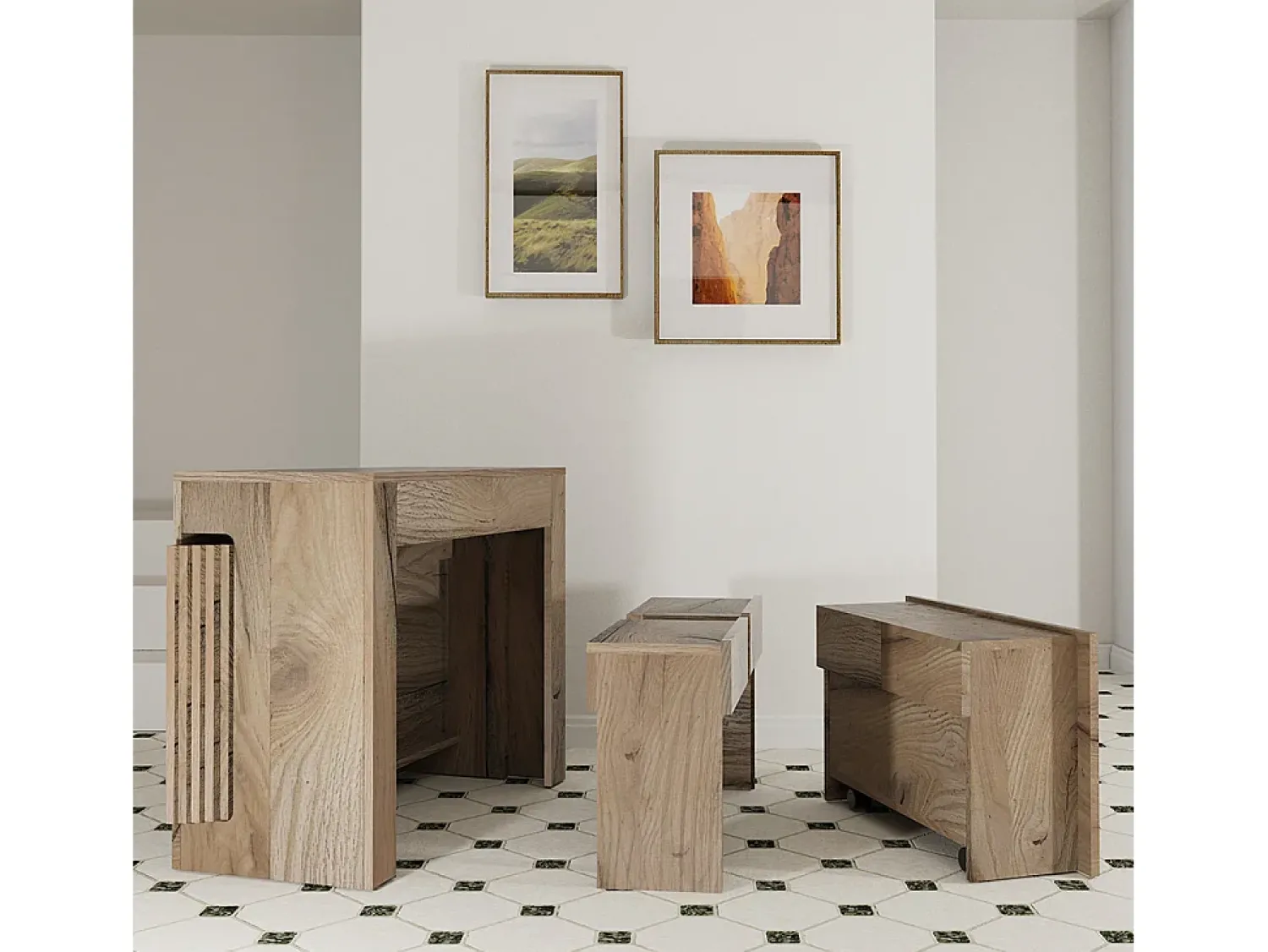 Outlet MAIRA - Conjunto de consola com dois bancos extensíveis - Dimensões de instalação: 42 x 90 x 75 cm - Entrega gratuita Natural claro