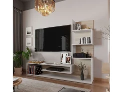 Móvel De Tv| Módulo de TV Snake Sala de estar Sala de jantar Estilo nórdico Carvalho Sonoma 160x130x29 cm Branco