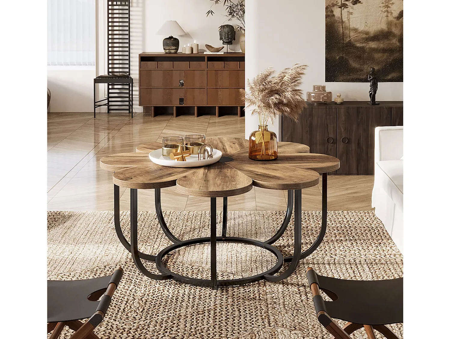 Best Tribesigns Mesa Baixa Marrom e Preta, Mesa Auxiliar Moderna de 100 cm com Tampo de Madeira em Forma de Flor e Estrutura de Metal para Sala de Estar, Quarto Castanho