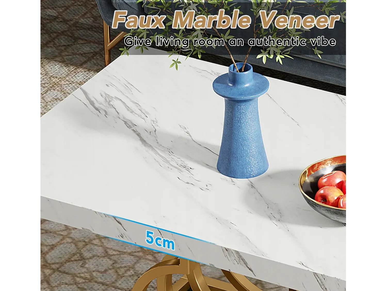 Mesa De Centro|Tribesigns Mesa Baixa Moderna, Mesa de Coquetel de Falso Mármore com Base Geométrica, Mesa Auxiliar de Sofá Retangular, e Dourado Branco