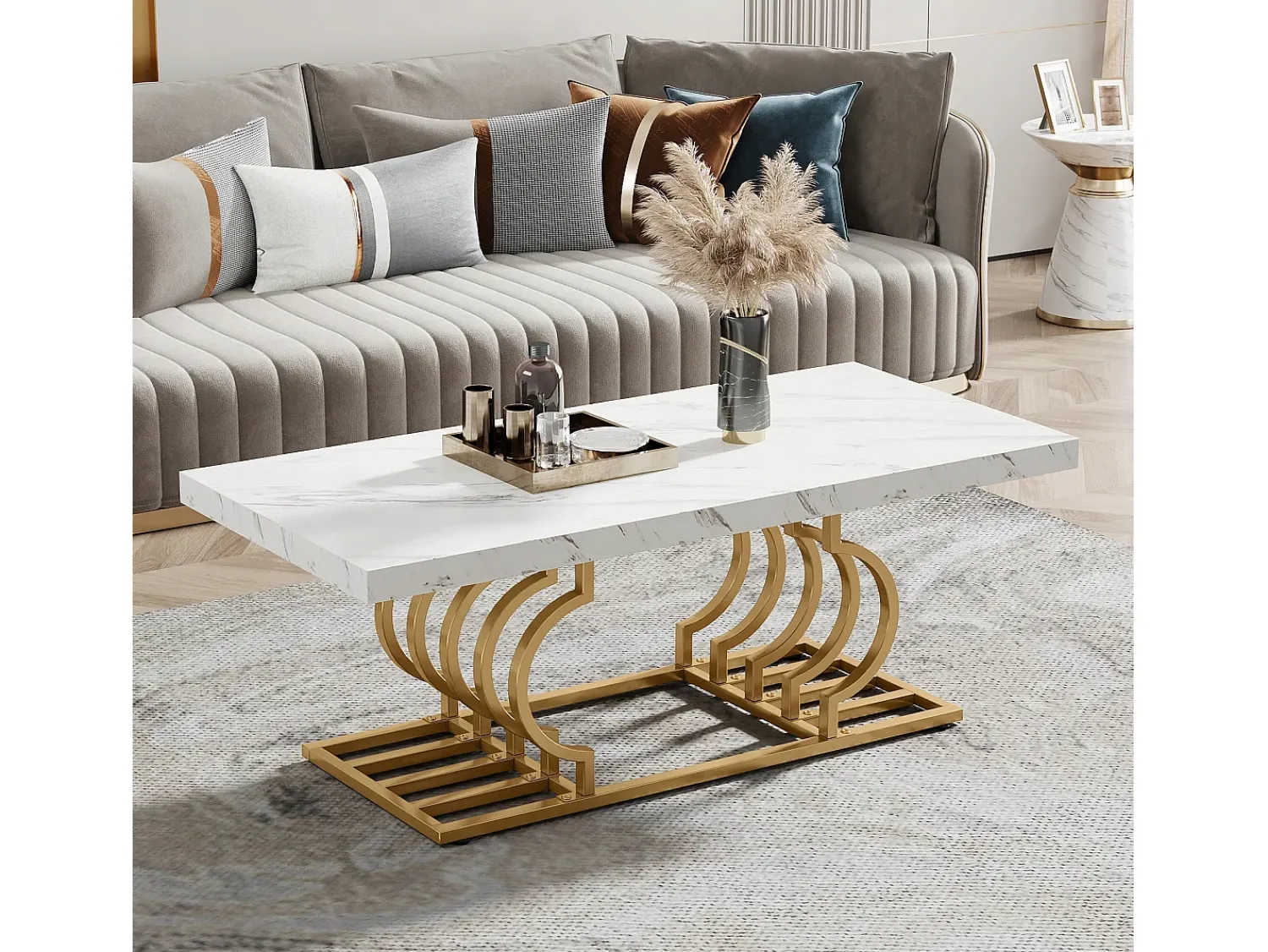 Mesa De Centro|Tribesigns Mesa Baixa Moderna, Mesa de Coquetel de Falso Mármore com Base Geométrica, Mesa Auxiliar de Sofá Retangular, e Dourado Branco