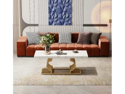 Mesa De Centro|Tribesigns Mesa Baixa Moderna, Mesa de Coquetel de Falso Mármore com Base Geométrica, Mesa Auxiliar de Sofá Retangular, e Dourado Branco