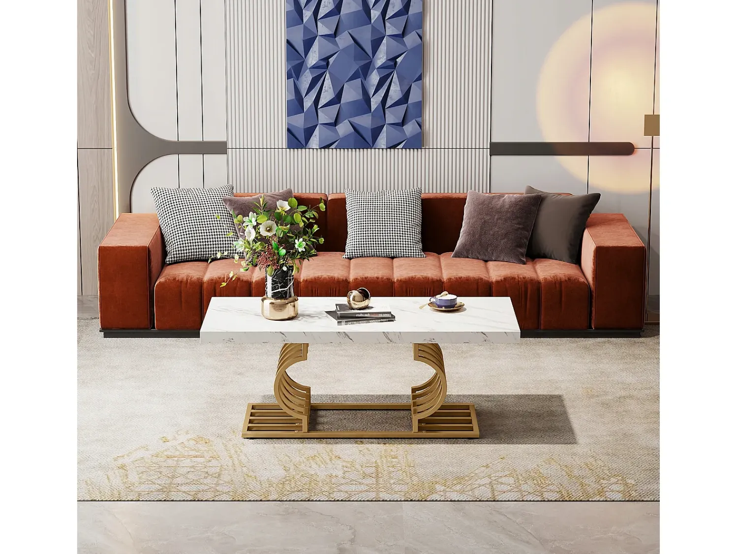 Mesa De Centro|Tribesigns Mesa Baixa Moderna, Mesa de Coquetel de Falso Mármore com Base Geométrica, Mesa Auxiliar de Sofá Retangular, e Dourado Branco