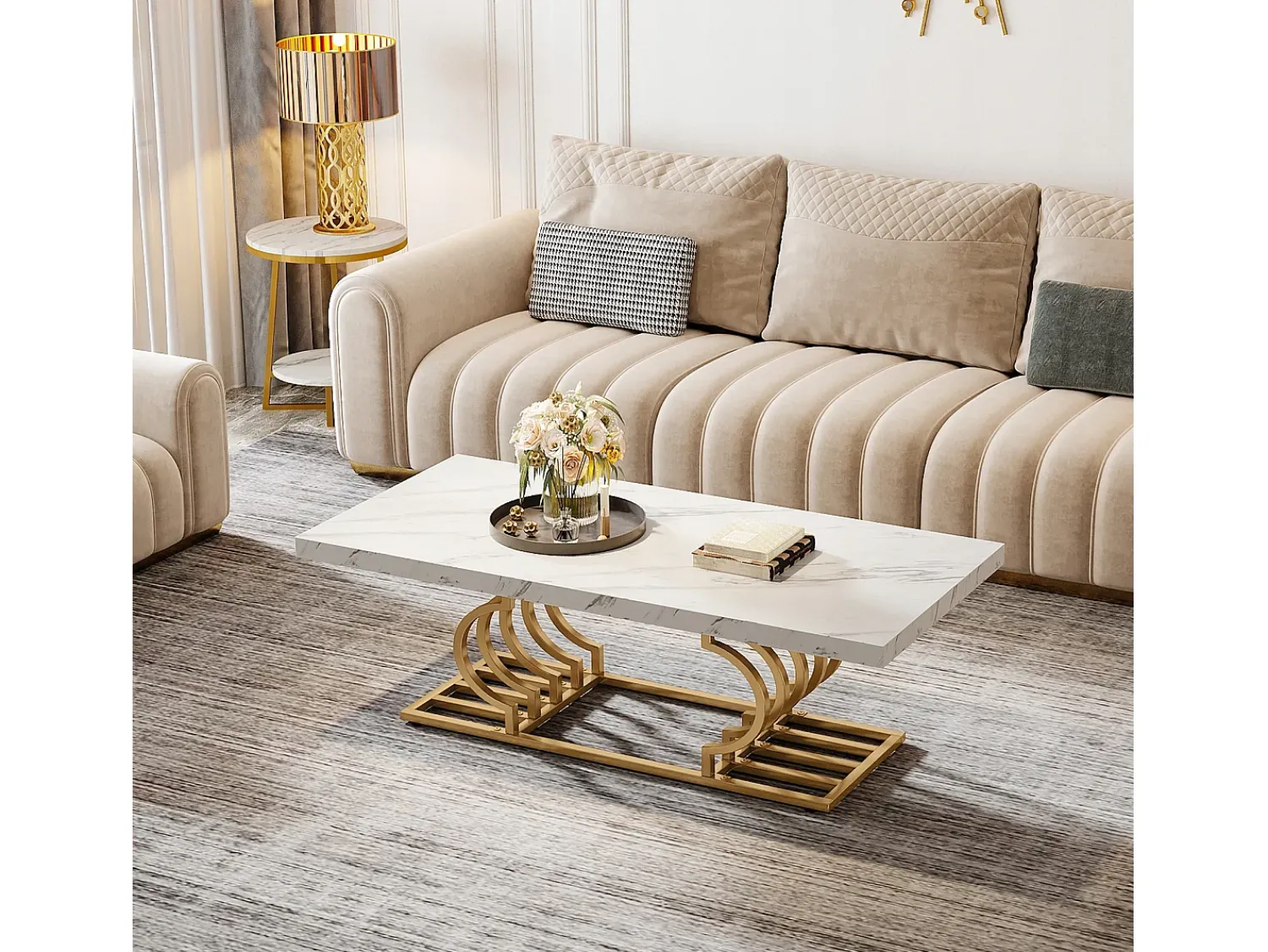 Mesa De Centro|Tribesigns Mesa Baixa Moderna, Mesa de Coquetel de Falso Mármore com Base Geométrica, Mesa Auxiliar de Sofá Retangular, e Dourado Branco
