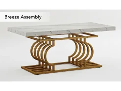 Mesa De Centro|Tribesigns Mesa Baixa Moderna, Mesa de Coquetel de Falso Mármore com Base Geométrica, Mesa Auxiliar de Sofá Retangular, e Dourado Branco