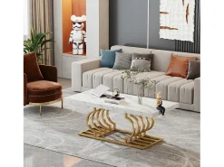 Mesa De Centro|Tribesigns Mesa Baixa Moderna, Mesa de Coquetel de Falso Mármore com Base Geométrica, Mesa Auxiliar de Sofá Retangular, e Dourado Branco