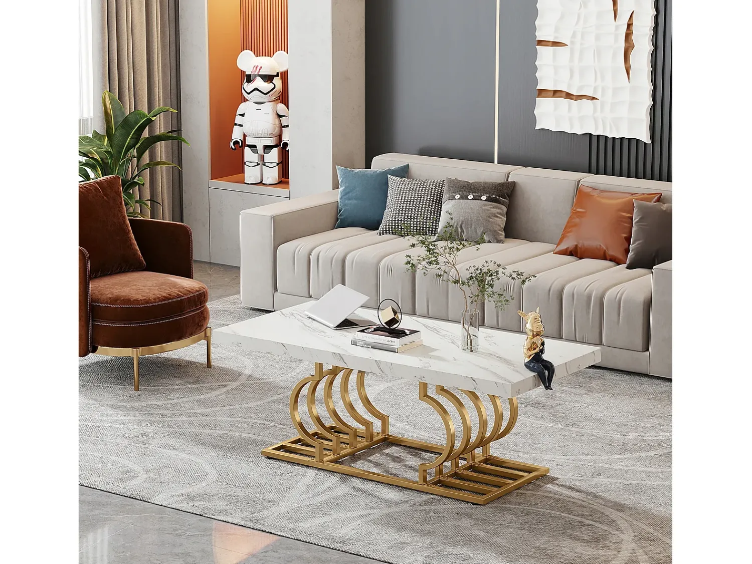Mesa De Centro|Tribesigns Mesa Baixa Moderna, Mesa de Coquetel de Falso Mármore com Base Geométrica, Mesa Auxiliar de Sofá Retangular, e Dourado Branco