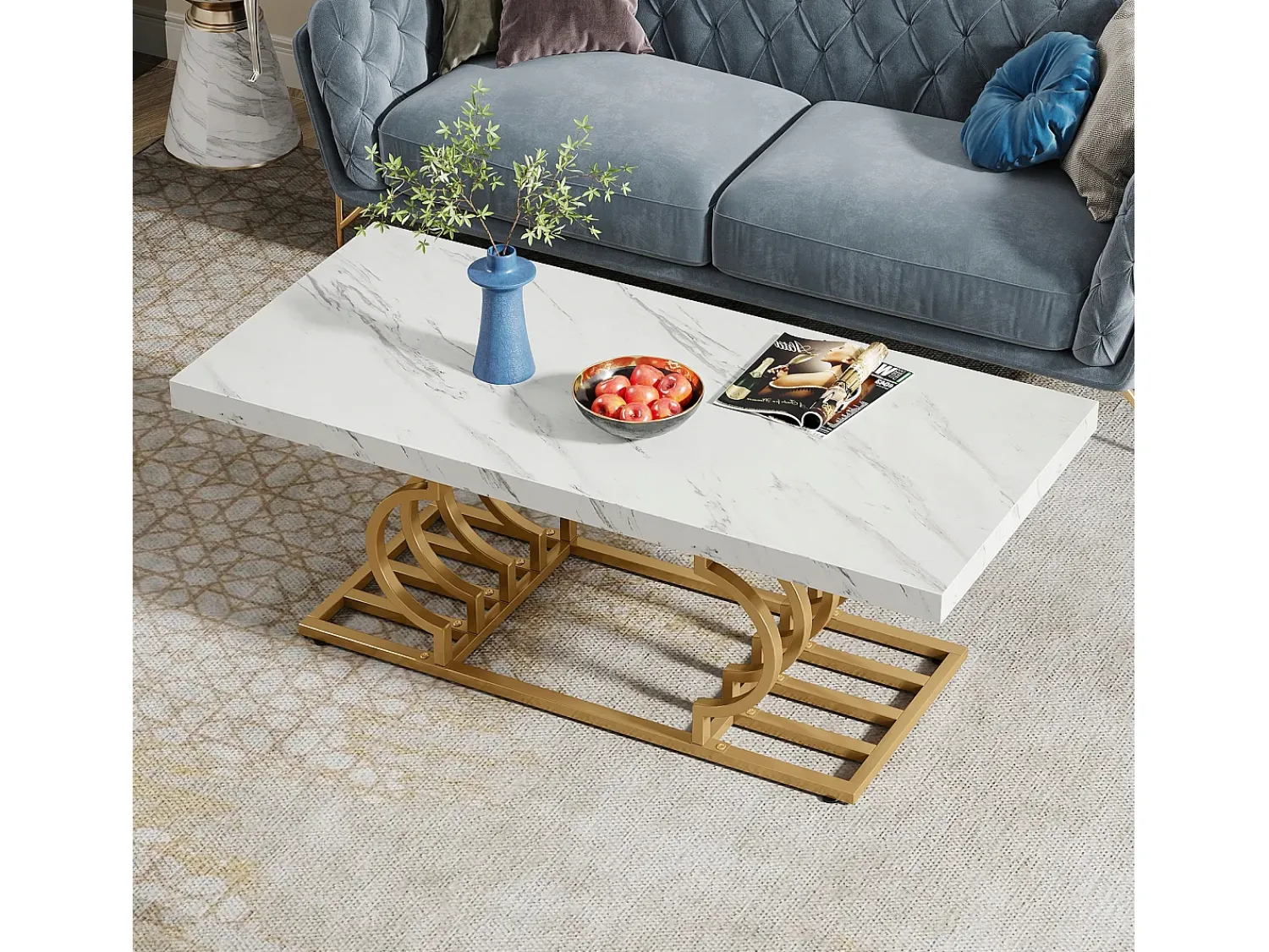 Mesa De Centro|Tribesigns Mesa Baixa Moderna, Mesa de Coquetel de Falso Mármore com Base Geométrica, Mesa Auxiliar de Sofá Retangular, e Dourado Branco