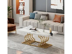 Mesa De Centro|Tribesigns Mesa Baixa Moderna, Mesa de Coquetel de Falso Mármore com Base Geométrica, Mesa Auxiliar de Sofá Retangular, e Dourado Branco