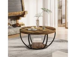 Mesa De Centro*Tribesigns Mesa baixa redonda industrial com dois níveis e prateleiras de armazenamento, mesa central moderna em madeira de 80 cm Castanho chocolate