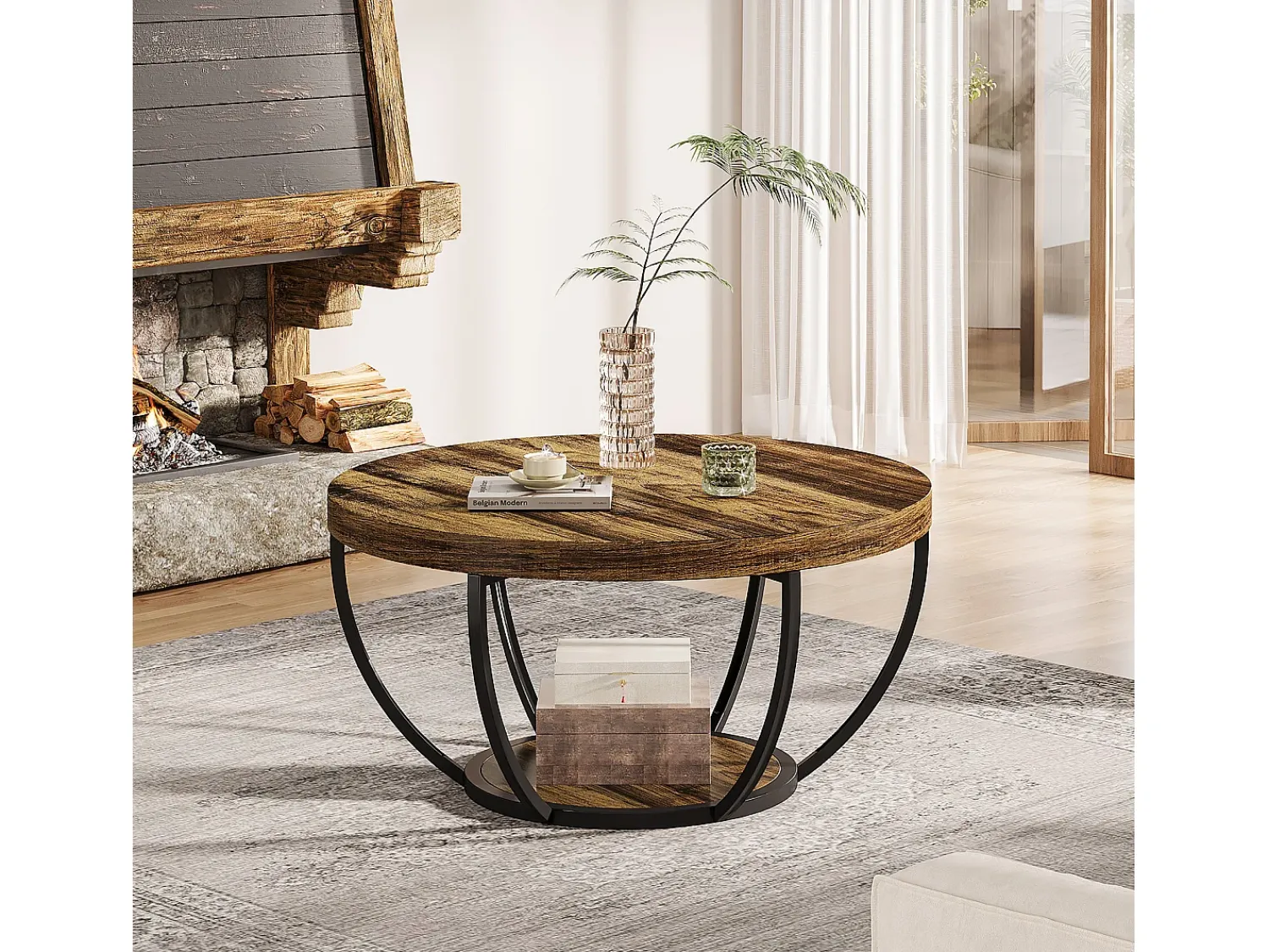 Mesa De Centro*Tribesigns Mesa baixa redonda industrial com dois níveis e prateleiras de armazenamento, mesa central moderna em madeira de 80 cm Castanho chocolate