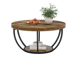 Mesa De Centro*Tribesigns Mesa baixa redonda industrial com dois níveis e prateleiras de armazenamento, mesa central moderna em madeira de 80 cm Castanho chocolate