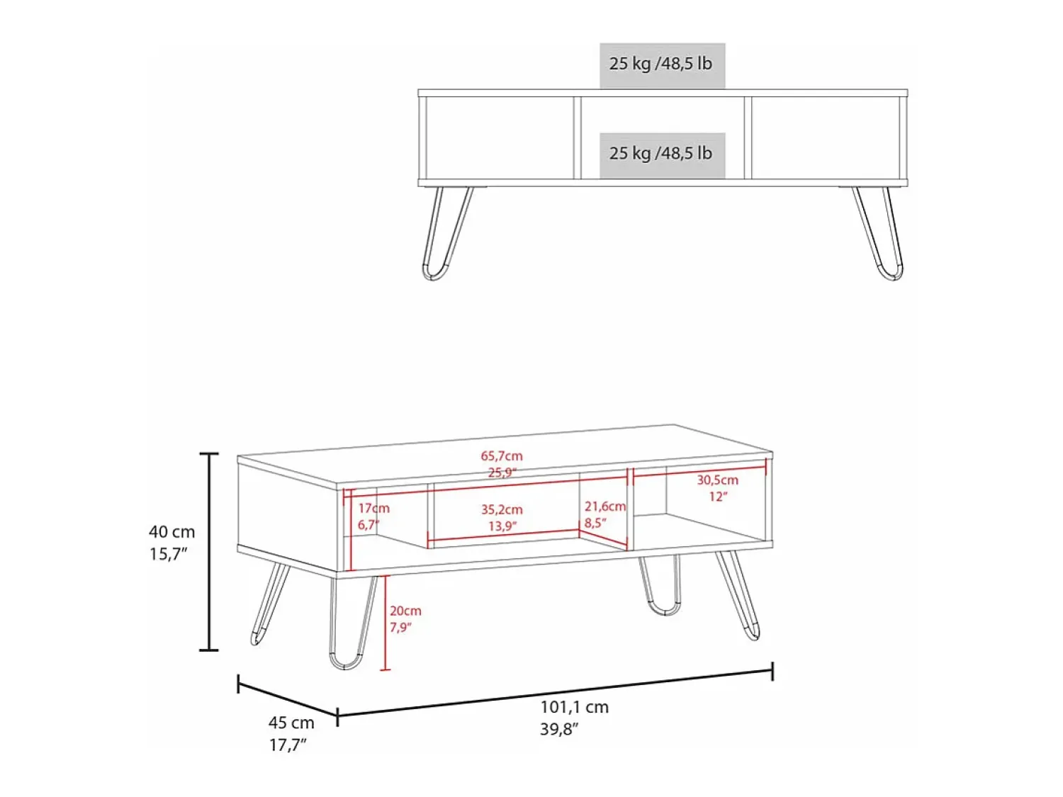 Outlet TuHome Mesa central Genoa em melamina com 3 prateleiras , , 40 cm X 101,1 cm X 45 cm Cinzento