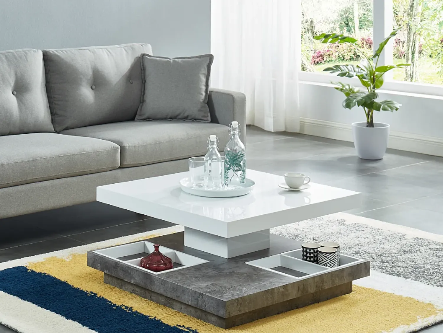 Mesa De Centro|Vente-unique Mesa centro FAUSTO Tampo giratório MDF lacado branco e betão Cinzento / Branco