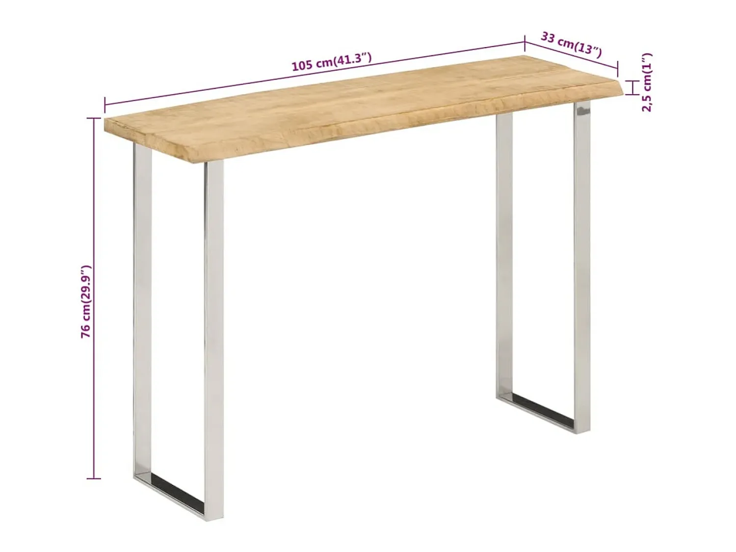 Consola*vidaxl Mesa consola c/ borda viva 105x33x76cm madeira mangueira maciça Natural claro