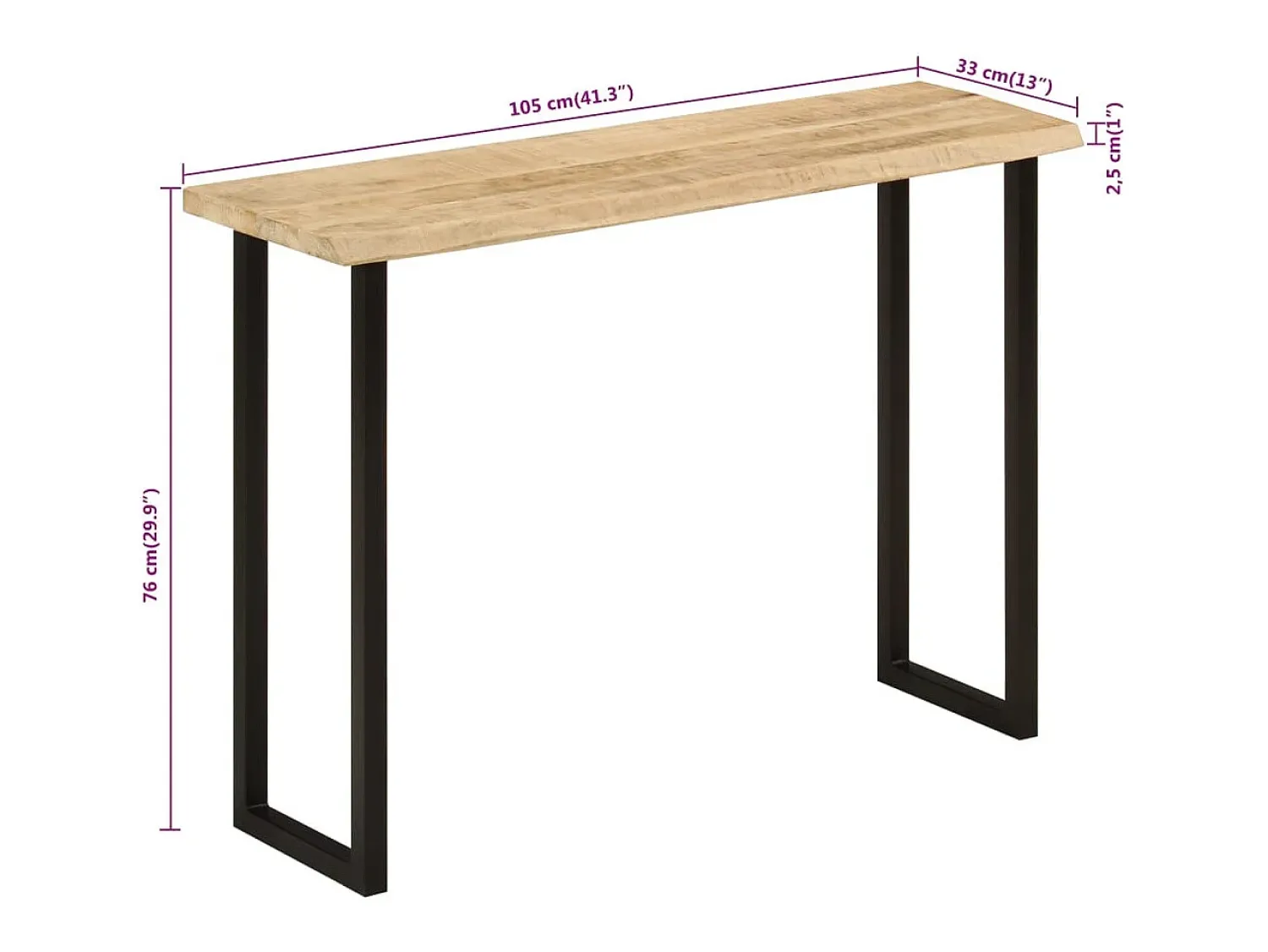 vidaxl Mesa consola c/ borda viva 105x33x76cm madeira mangueira maciça^ Consola