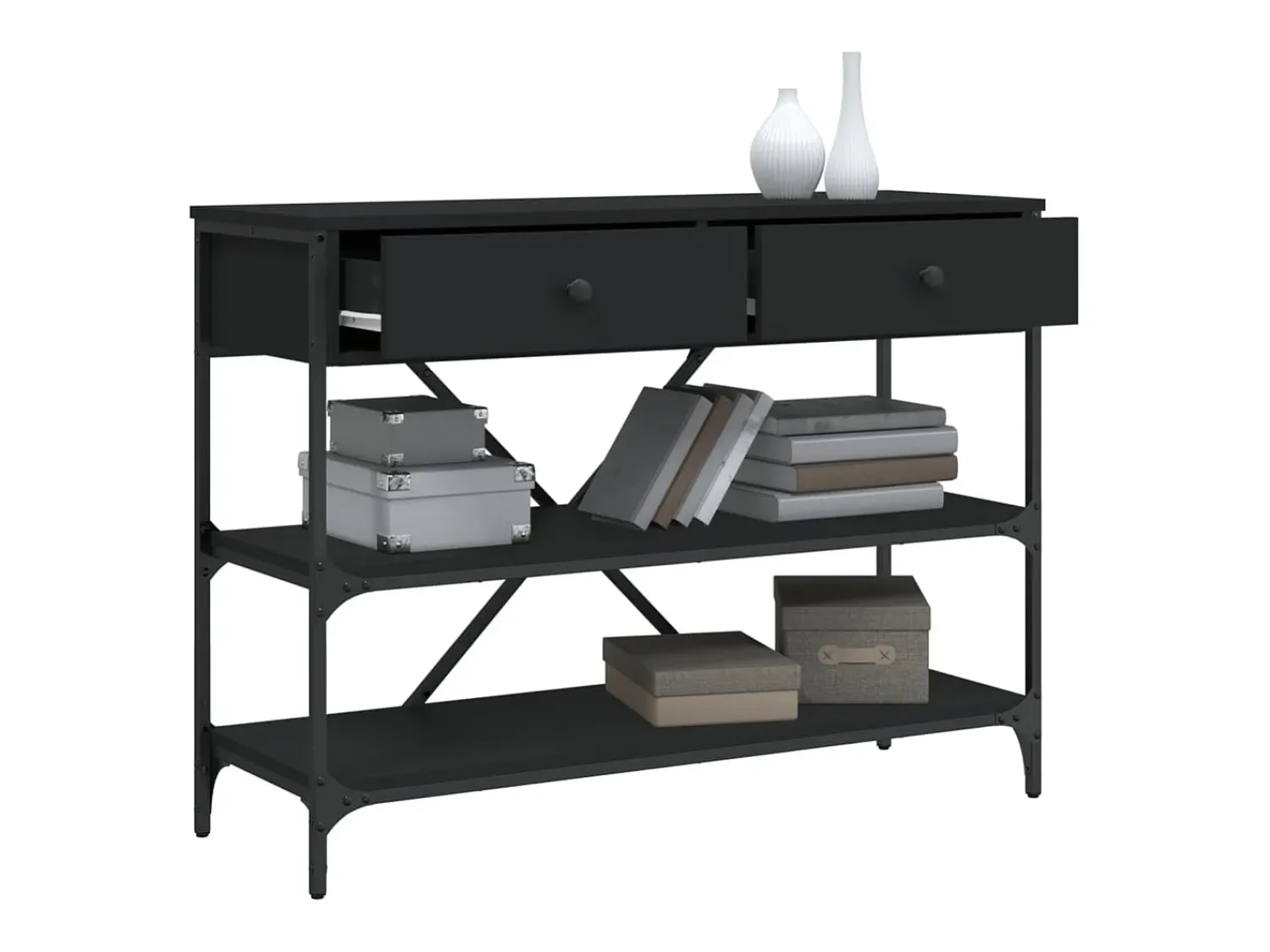 vidaxl Mesa consola c/ gavetas/prateleiras derivados de madeira Preto