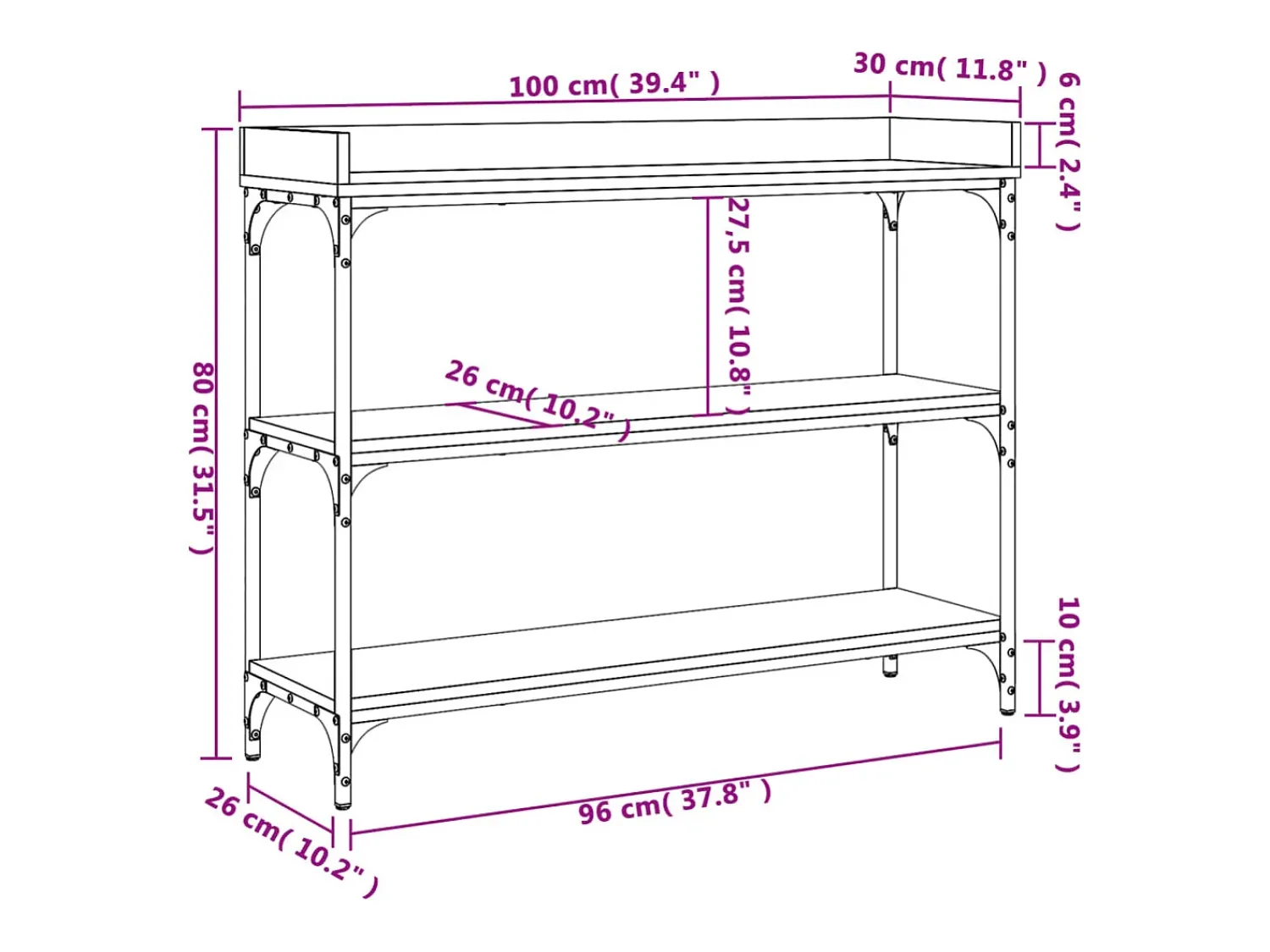 Consola|vidaxl Mesa consola c/ prateleiras 100x30x80 cm Preto