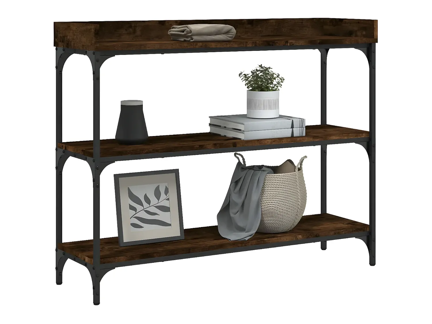 Mesa consola c/ prateleiras 100x30x80 cm carvalho fumado PT149093^ Consola