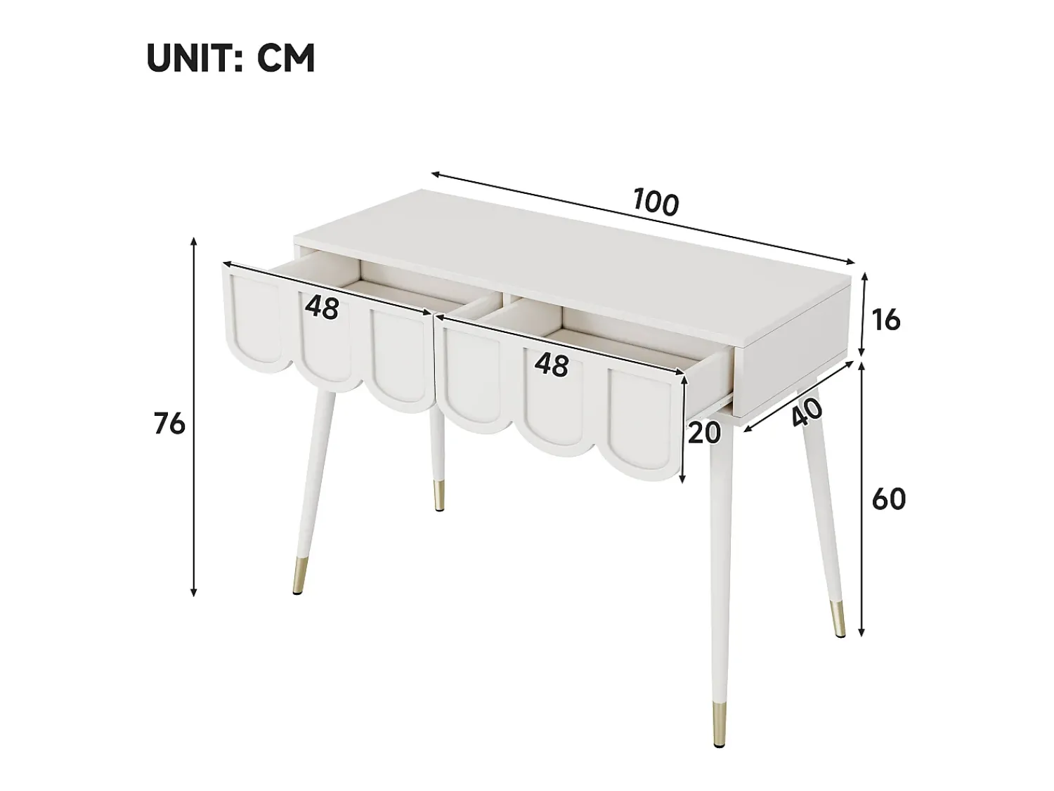 Discount Hauss Spole Mesa consola com 2 gavetas em forma de nuvem - Pés em metal - e dourado Branco