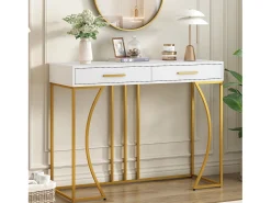 Discount Hauss Spole Mesa consola com 2 gavetas - Pés em metal dourado - 110x32x85 cm Branco