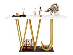 Consola*Hauss Spole Mesa consola com pés em metal dourado - Tampo com efeito mármore 120 x 29,5 x 80 cm Branco