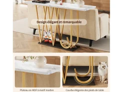 Consola*Hauss Spole Mesa consola com pés em metal dourado - Tampo com efeito mármore 120 x 29,5 x 80 cm Branco