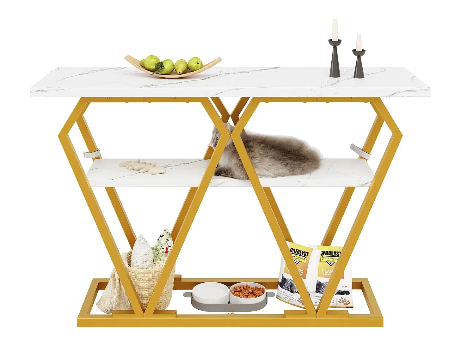 Hauss Spole Mesa consola com tampo com efeito mármore - Pés em metal dourado -^ Consola