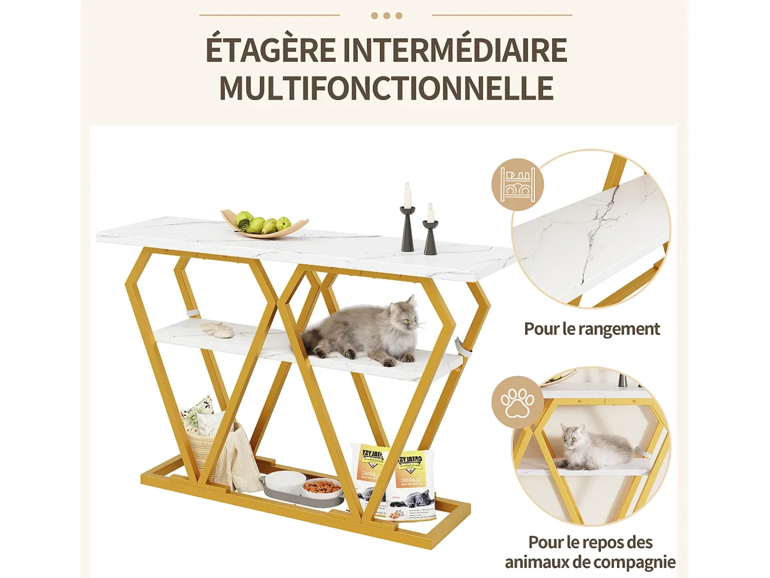 Hauss Spole Mesa consola com tampo com efeito mármore - Pés em metal dourado -^ Consola