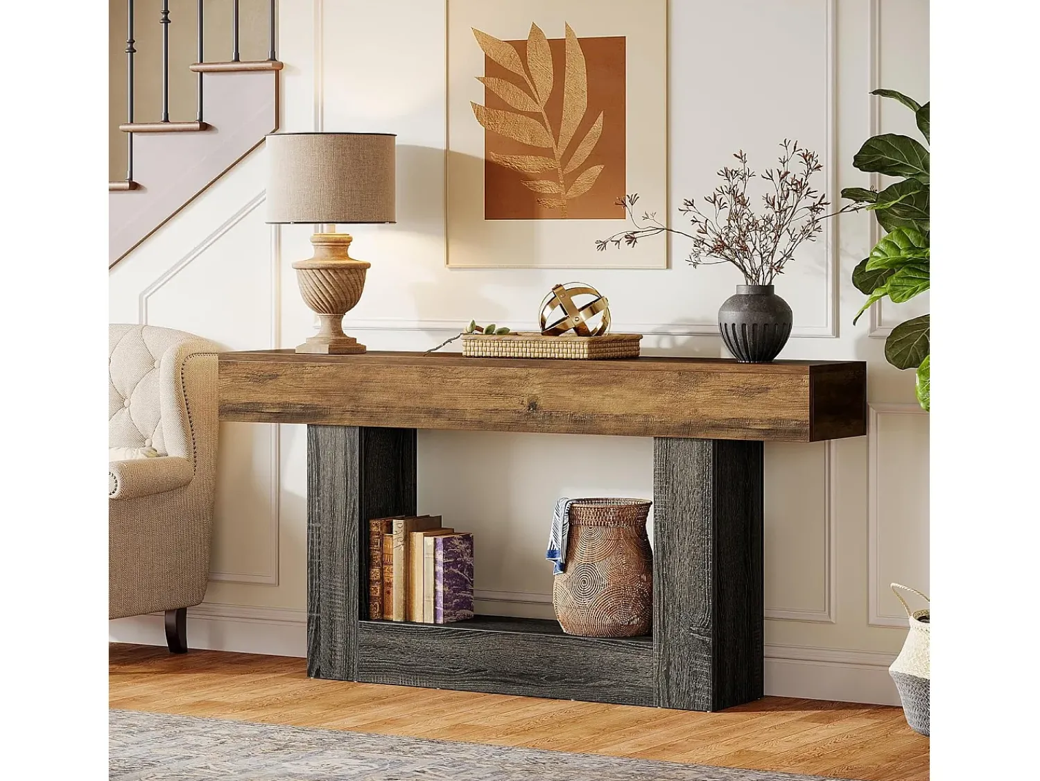 Best Tribesigns Mesa consola de 160 cm de comprimento, mesa de entrada de 2 níveis, mesa de sofá com arrumação, mesa de sofá de madeira de quinta para sala de estar, corredor Multicor