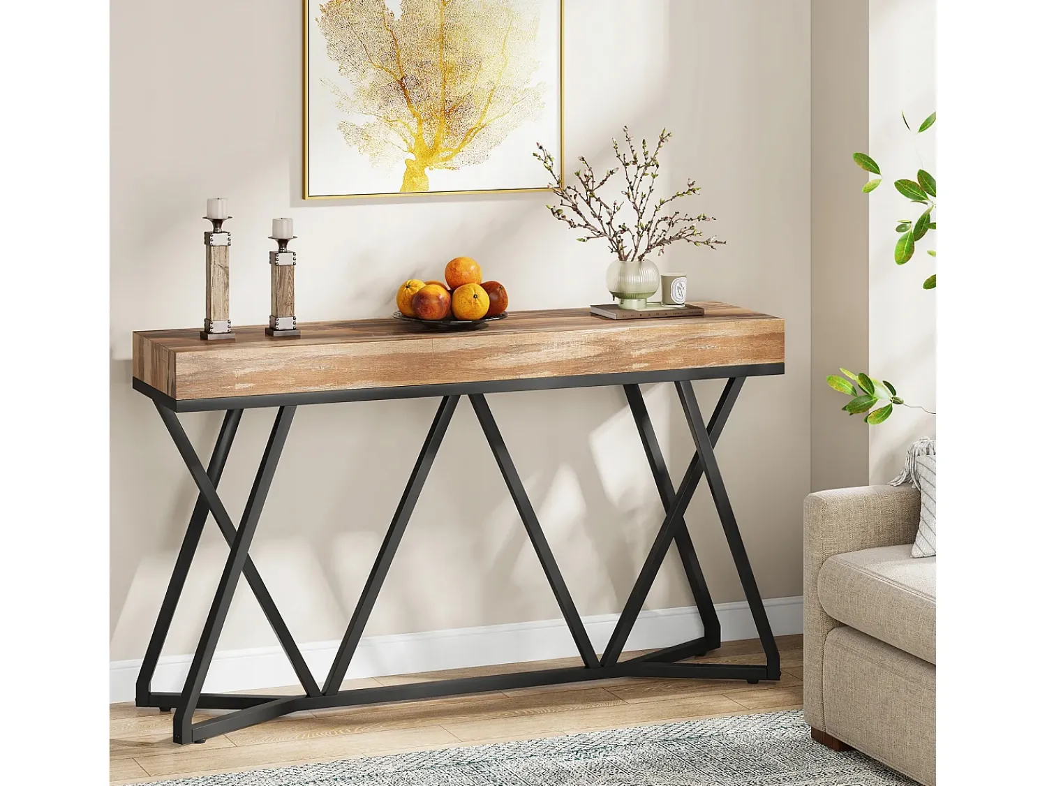Tribesigns Mesa consola de 140 cm, mesa de entrada em madeira com base em metal exclusiva, mesa de centro, mesa de hall de entrada, mesa de destaque industrial para corredor, sala de estar, entrada Castanho