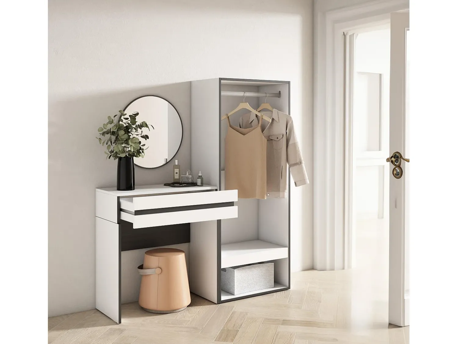 Skraut Home Mesa consola de entrada, 130x35x145cm, Com gaveta, Roupeiro aberto,^ Consola