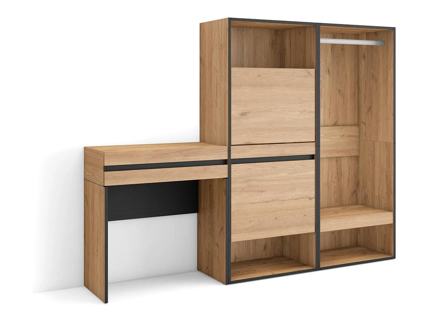Consola*Skraut Home Mesa consola de entrada, 190x35x145cm, Com gaveta, Sapateira, Roupeiro aberto, Carvalho Natural claro
