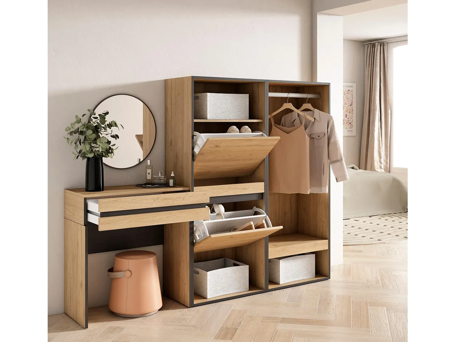 Consola*Skraut Home Mesa consola de entrada, 190x35x145cm, Com gaveta, Sapateira, Roupeiro aberto, Carvalho Natural claro