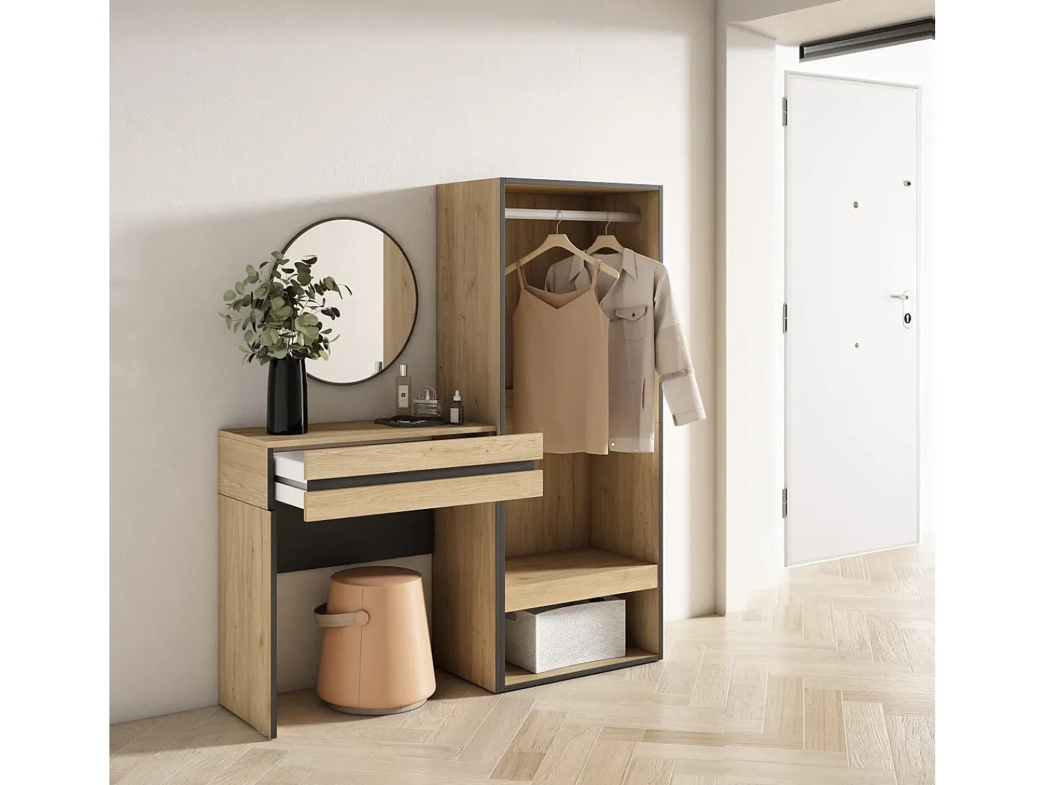 Consola|Skraut Home Mesa consola de entrada, 130x35x145cm, Com gaveta, Roupeiro aberto, Carvalho Natural claro