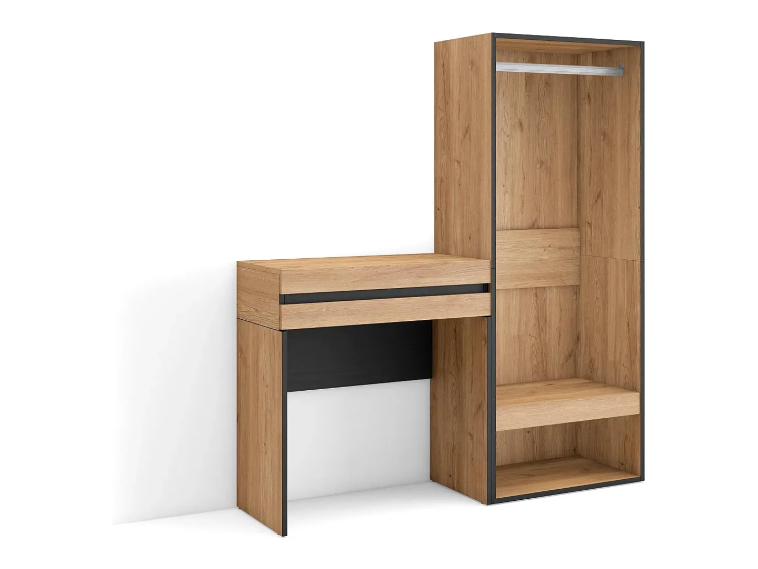 Consola|Skraut Home Mesa consola de entrada, 130x35x145cm, Com gaveta, Roupeiro aberto, Carvalho Natural claro