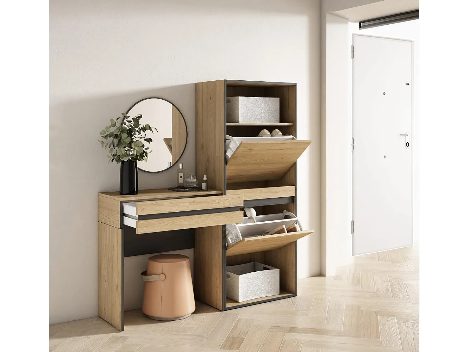 Discount Skraut Home Mesa consola de entrada, 130x35x145cm, Com gaveta, Sapateira, Carvalho Natural claro