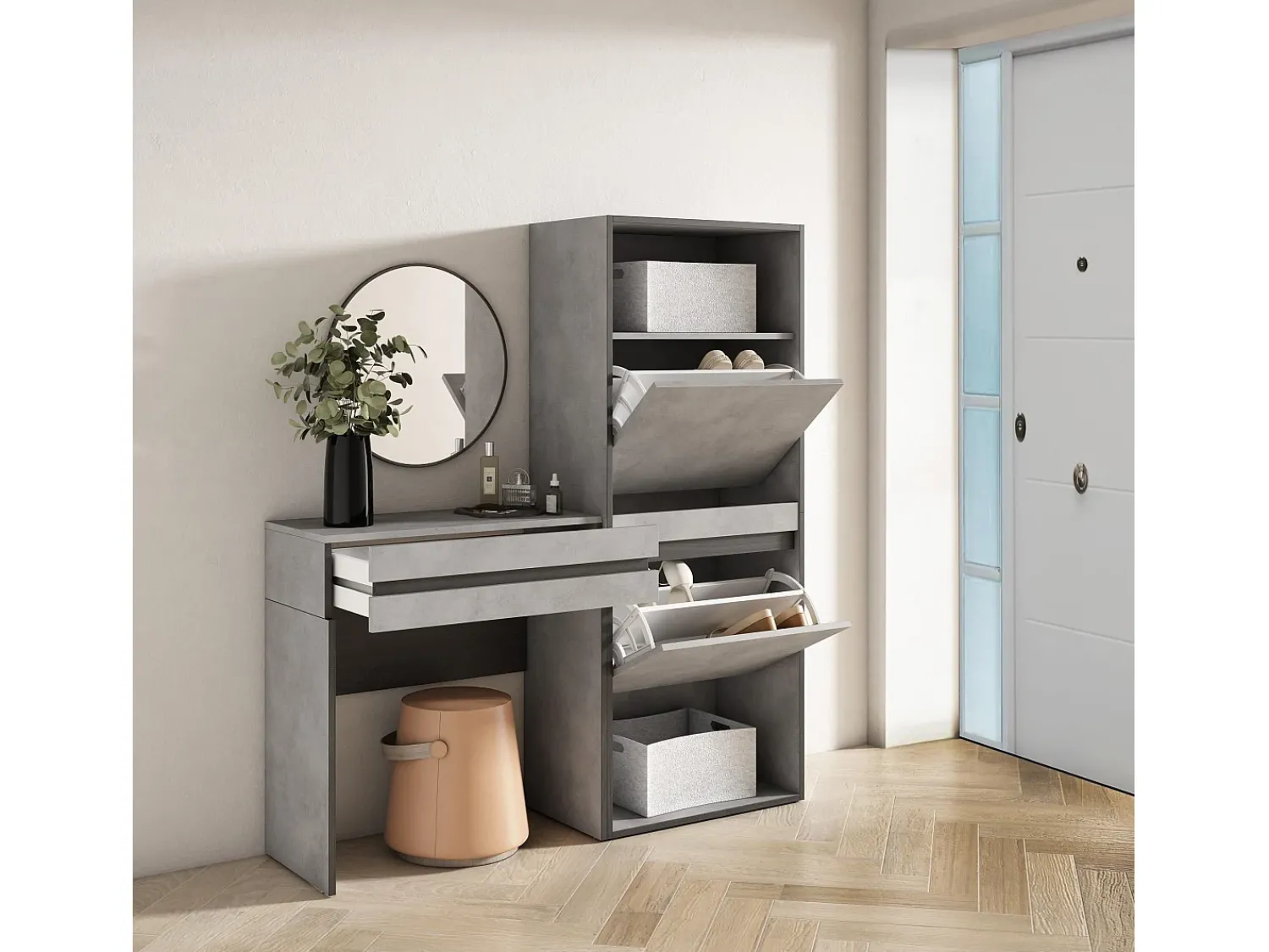 New Skraut Home Mesa consola de entrada, 130x35x145cm, Com gaveta, Sapateira, Cimento Cinzento